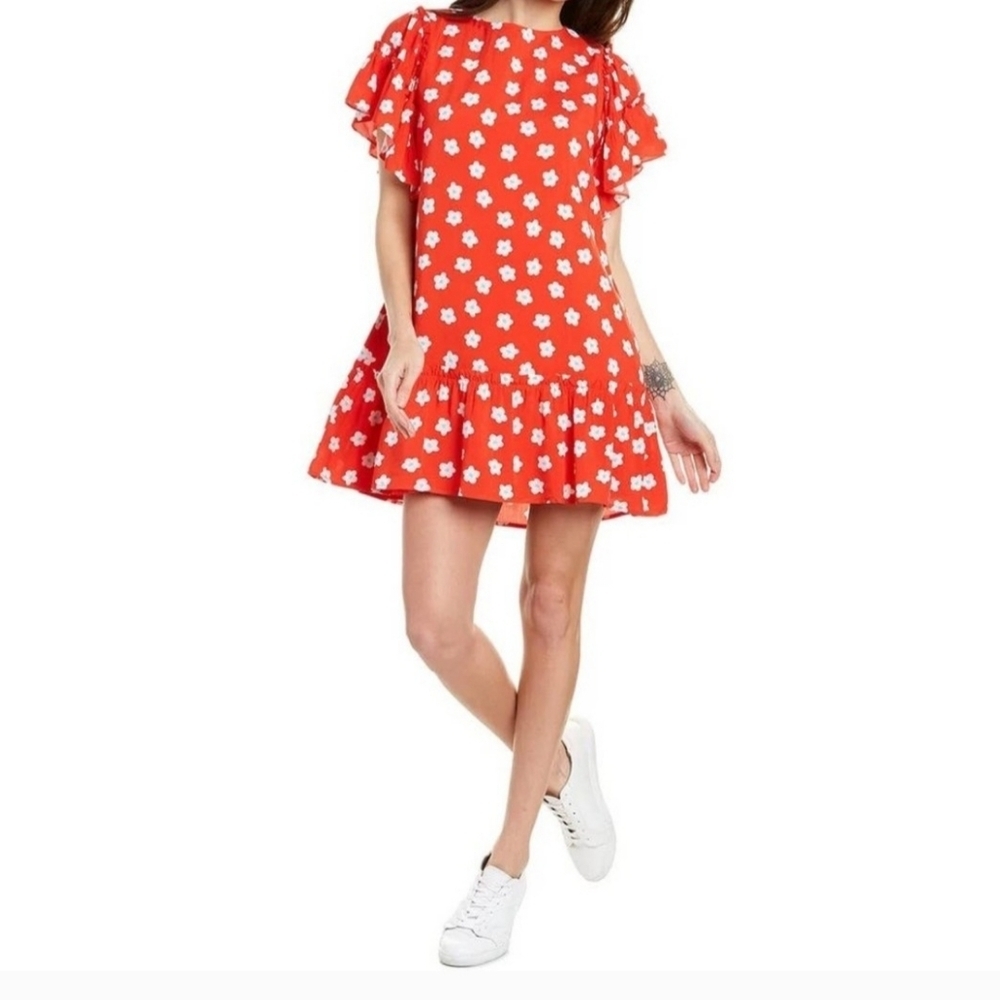 Crosby By Mollie Red mini dress with white flowers. Large